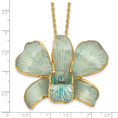 Fashion 24K Gold-Trim Lacquer Dipped Blue Real Dendrobium Orchid 20In Gold-Tone Necklace