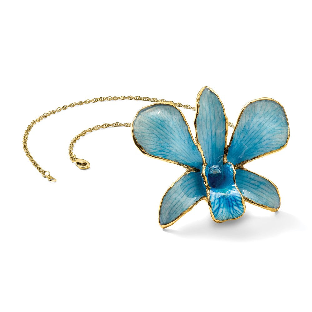 Fashion 24K Gold-Trim Lacquer Dipped Blue Real Dendrobium Orchid 20In Gold-Tone Necklace