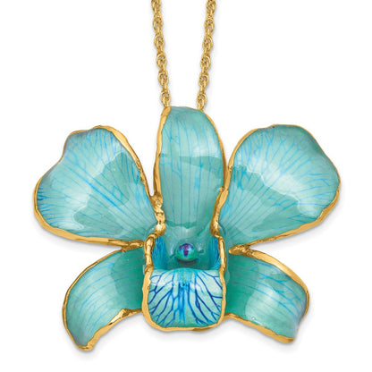 Fashion 24K Gold-Trim Lacquer Dipped Blue Real Dendrobium Orchid 20In Gold-Tone Necklace