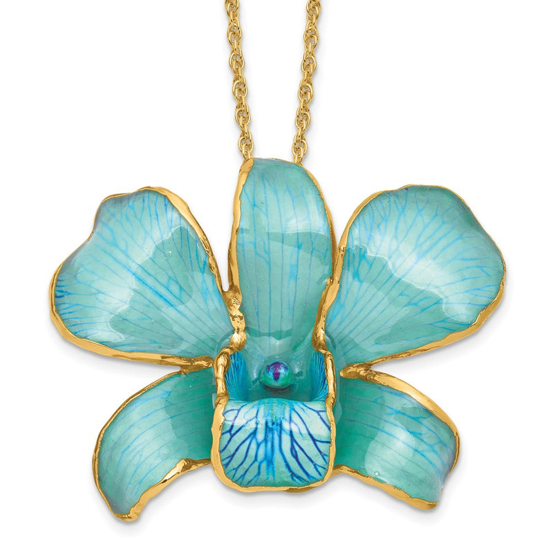Fashion 24K Gold-Trim Lacquer Dipped Blue Real Dendrobium Orchid 20In Gold-Tone Necklace