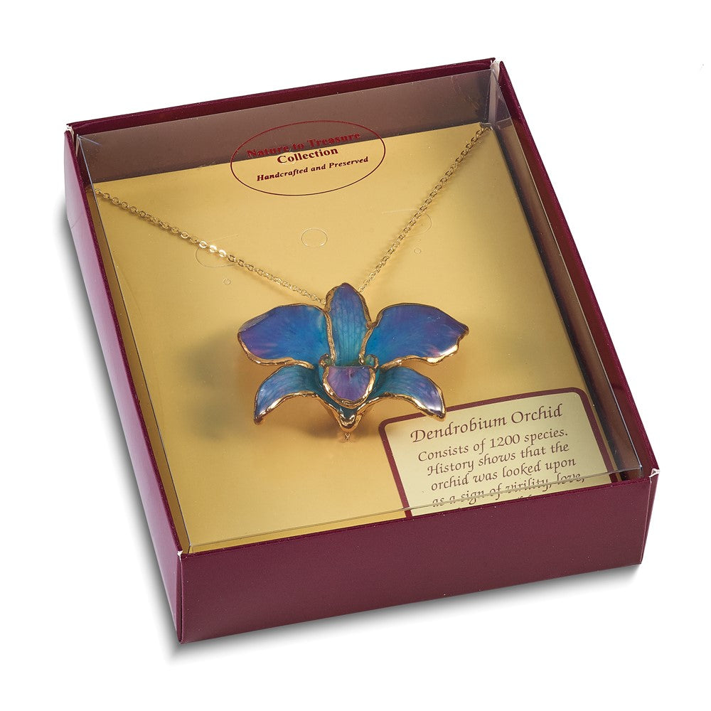 Fashion 24K Gold-Trim Lacquer Dipped Blue And Purple Real Dendrobium Orchid 20 Inch Gold-Tone Necklace