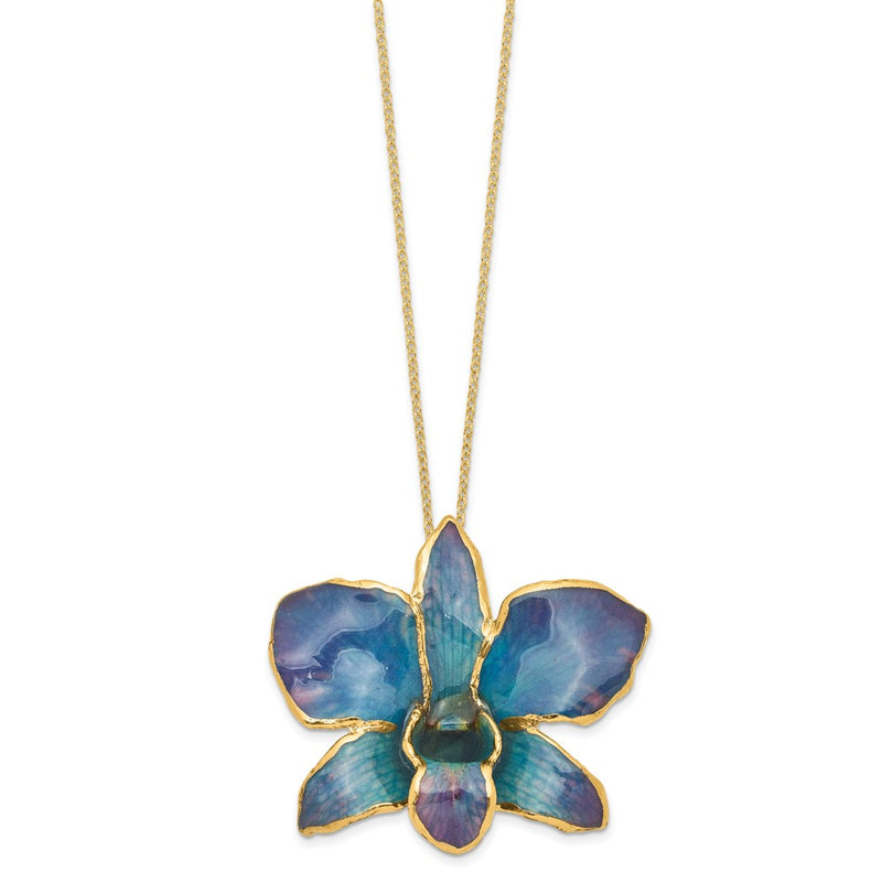 Fashion 24K Gold-Trim Lacquer Dipped Blue And Purple Real Dendrobium Orchid 20 Inch Gold-Tone Necklace