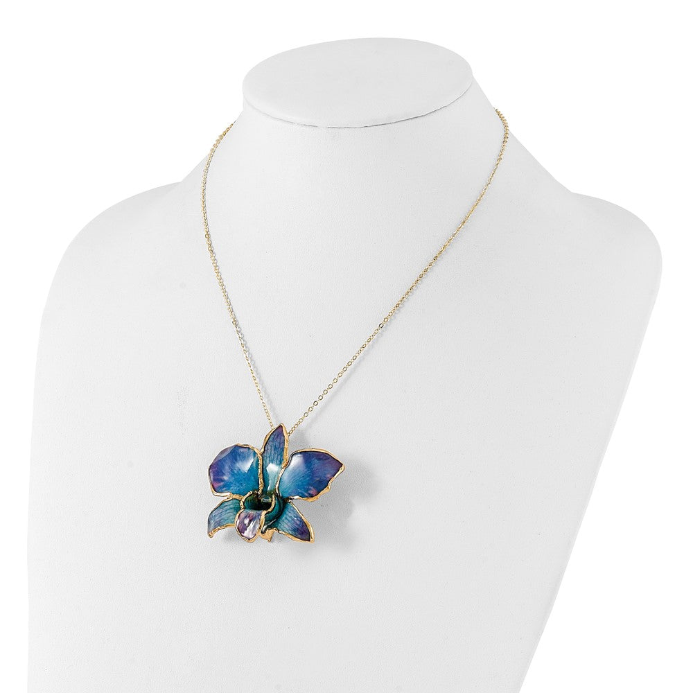 Fashion 24K Gold-Trim Lacquer Dipped Blue And Purple Real Dendrobium Orchid 20 Inch Gold-Tone Necklace