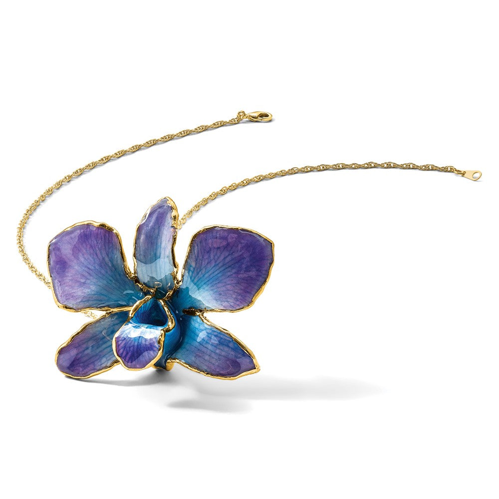 Fashion 24K Gold-Trim Lacquer Dipped Blue And Purple Real Dendrobium Orchid 20 Inch Gold-Tone Necklace