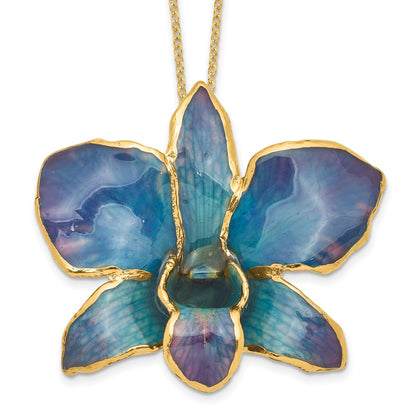 Fashion 24K Gold-Trim Lacquer Dipped Blue And Purple Real Dendrobium Orchid 20 Inch Gold-Tone Necklace