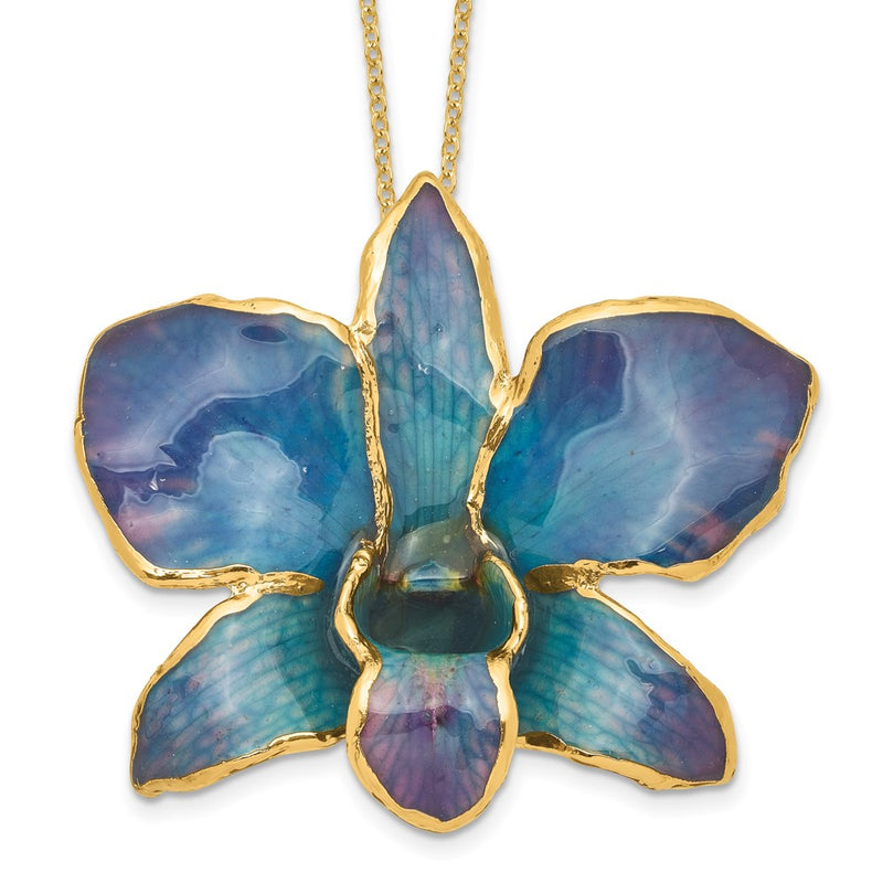 Fashion 24K Gold-Trim Lacquer Dipped Blue And Purple Real Dendrobium Orchid 20 Inch Gold-Tone Necklace