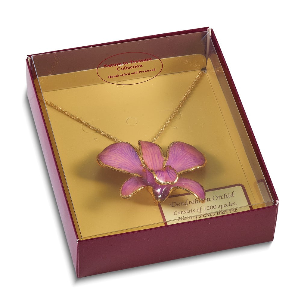 Fashion 24K Gold-Trim Lacquer Dipped Hot Lavender Real Dendrobium Orchid 20 Inch Gold-Tone Necklace
