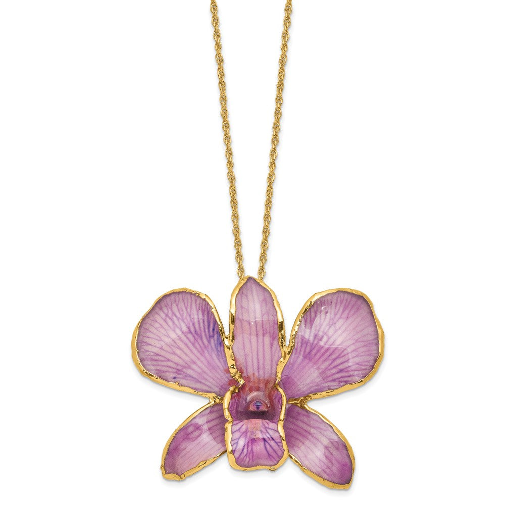 Fashion 24K Gold-Trim Lacquer Dipped Hot Lavender Real Dendrobium Orchid 20 Inch Gold-Tone Necklace