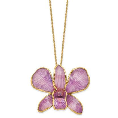 Fashion 24K Gold-Trim Lacquer Dipped Hot Lavender Real Dendrobium Orchid 20 Inch Gold-Tone Necklace