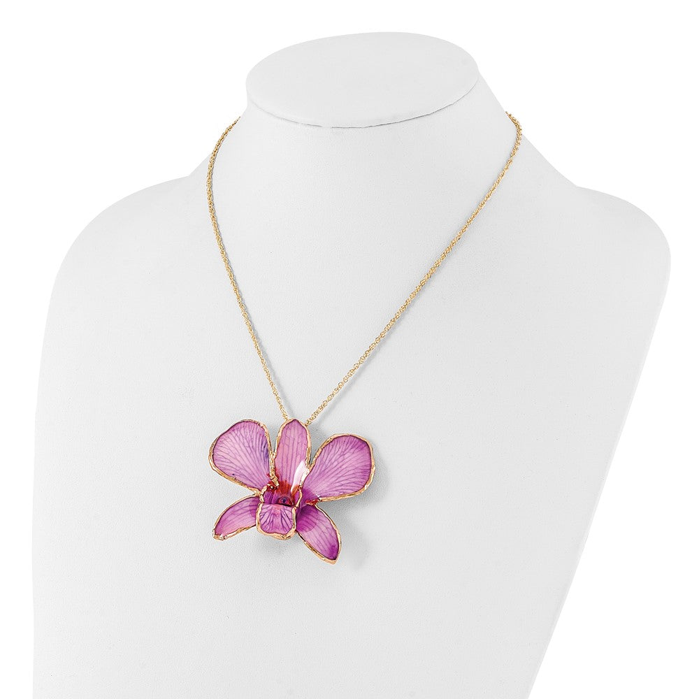 Fashion 24K Gold-Trim Lacquer Dipped Hot Lavender Real Dendrobium Orchid 20 Inch Gold-Tone Necklace