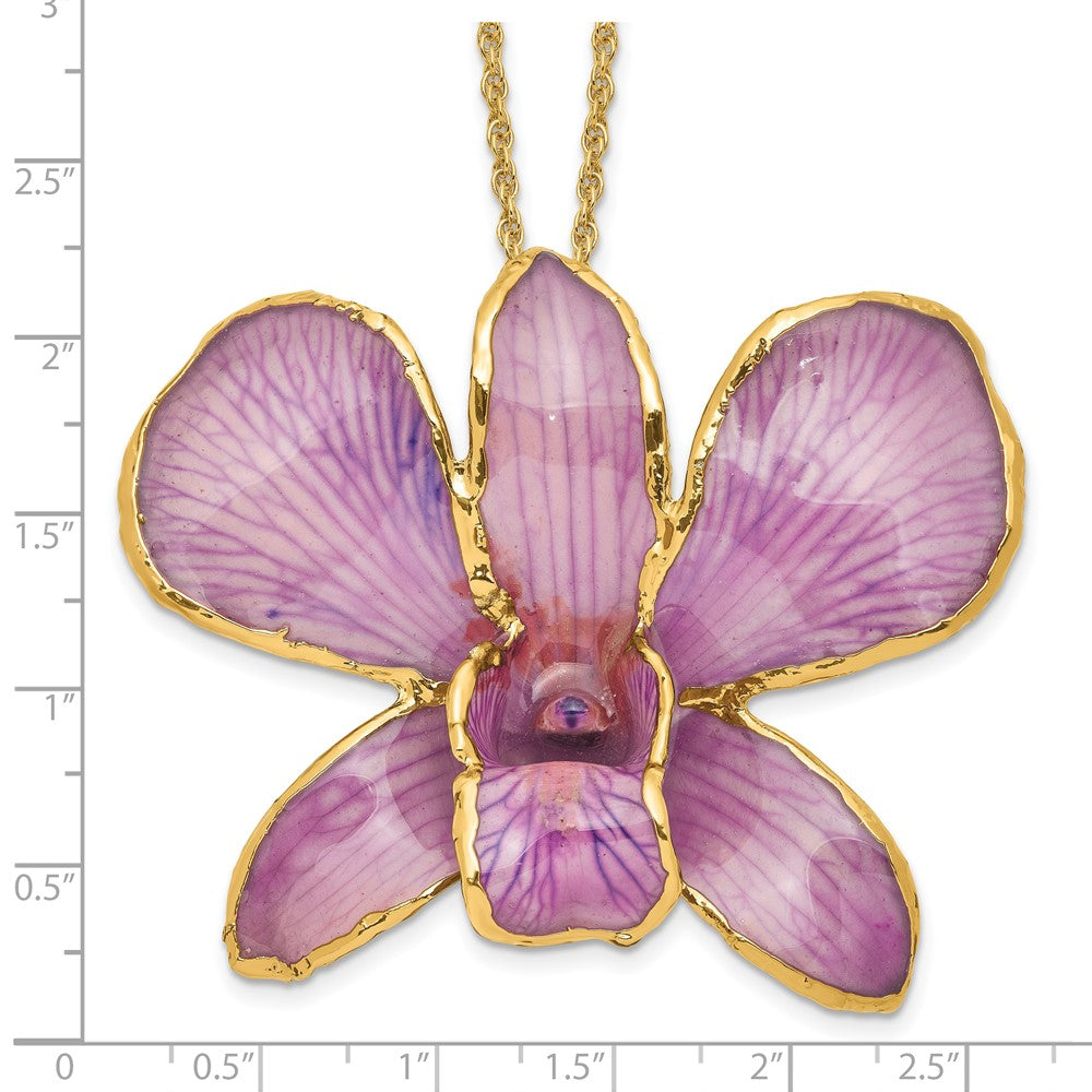 Fashion 24K Gold-Trim Lacquer Dipped Hot Lavender Real Dendrobium Orchid 20 Inch Gold-Tone Necklace