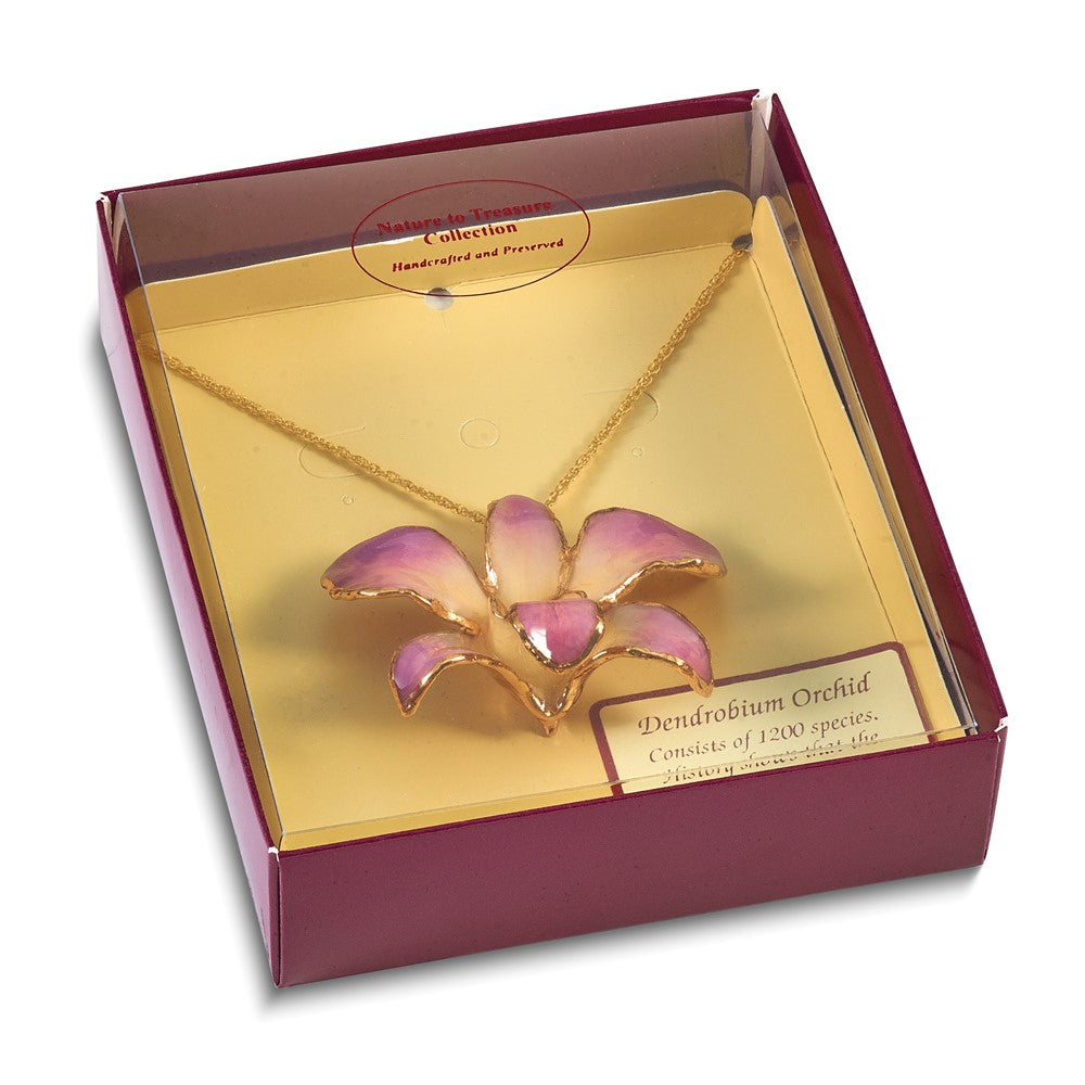 Fashion 24K Gold-Trim Lacquer Dipped White And Lilac Real Dendrobium Orchid 20 Inch Gold-Tone Necklace