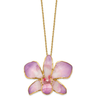Fashion 24K Gold-Trim Lacquer Dipped White And Lilac Real Dendrobium Orchid 20 Inch Gold-Tone Necklace