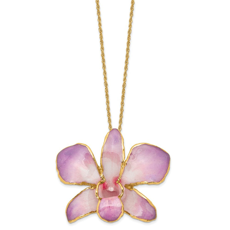 Fashion 24K Gold-Trim Lacquer Dipped White And Lilac Real Dendrobium Orchid 20 Inch Gold-Tone Necklace