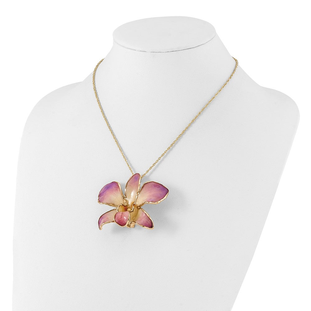 Fashion 24K Gold-Trim Lacquer Dipped White And Lilac Real Dendrobium Orchid 20 Inch Gold-Tone Necklace