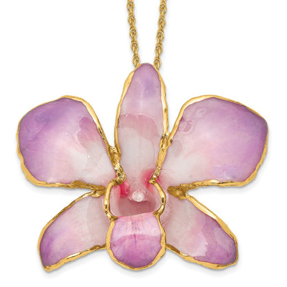 Fashion 24K Gold-Trim Lacquer Dipped White And Lilac Real Dendrobium Orchid 20 Inch Gold-Tone Necklace