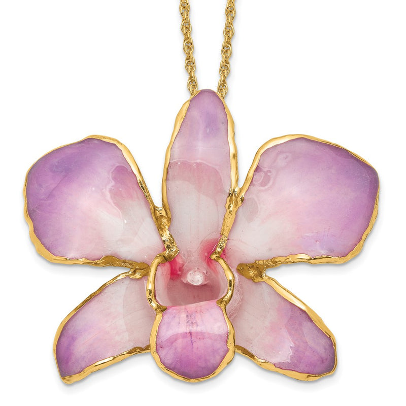 Fashion 24K Gold-Trim Lacquer Dipped White And Lilac Real Dendrobium Orchid 20 Inch Gold-Tone Necklace