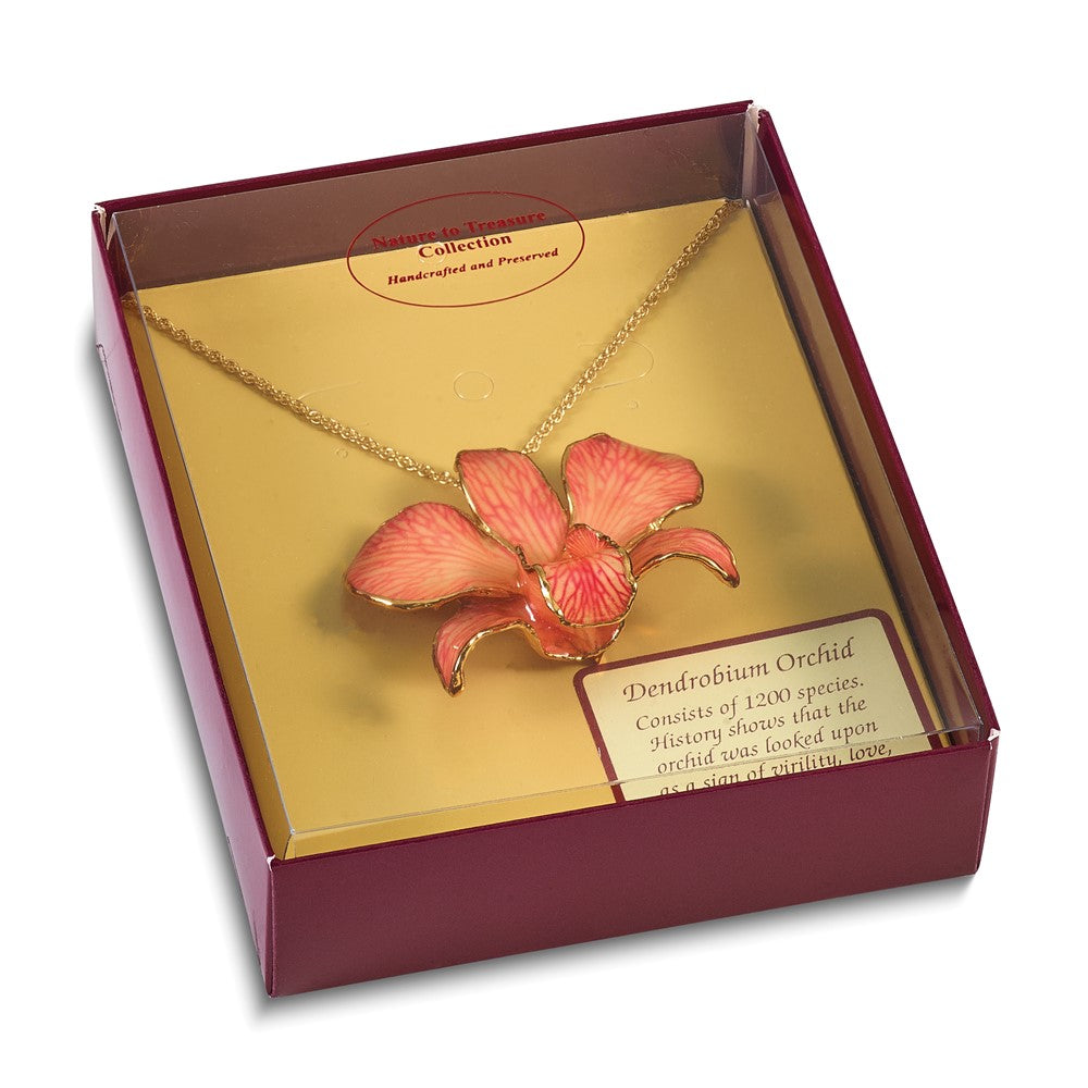 Fashion 24K Gold-Trim Lacquer Dipped Pink Real Dendrobium Orchid 20 Inch Gold-Tone Necklace