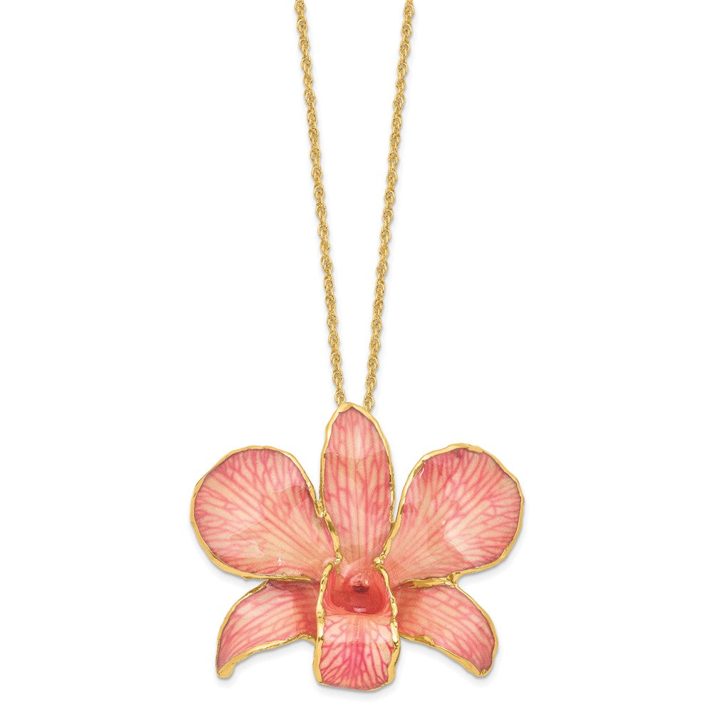 Fashion 24K Gold-Trim Lacquer Dipped Pink Real Dendrobium Orchid 20 Inch Gold-Tone Necklace