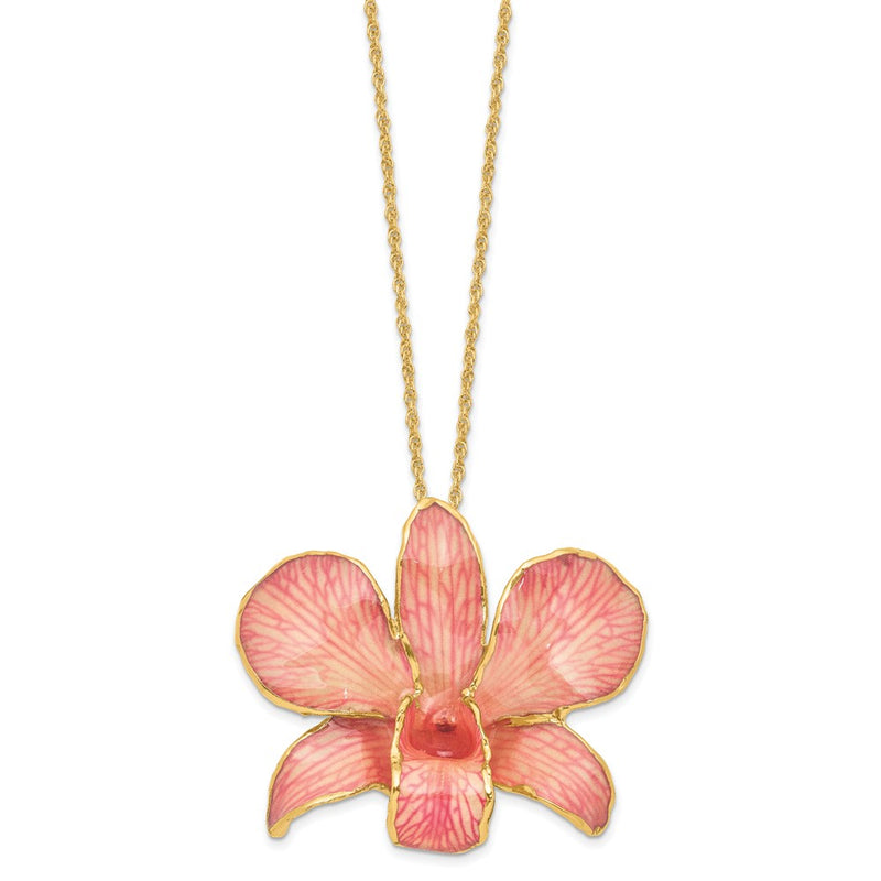 Fashion 24K Gold-Trim Lacquer Dipped Pink Real Dendrobium Orchid 20 Inch Gold-Tone Necklace