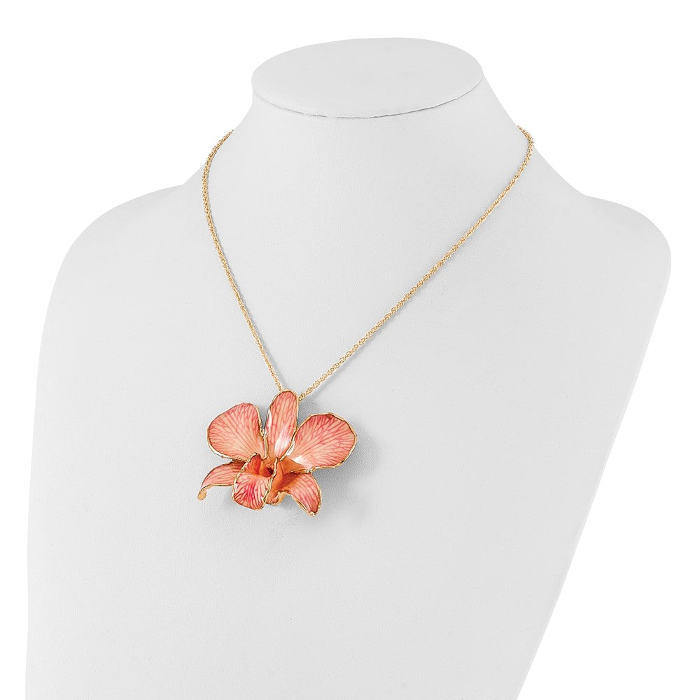 Fashion 24K Gold-Trim Lacquer Dipped Pink Real Dendrobium Orchid 20 Inch Gold-Tone Necklace
