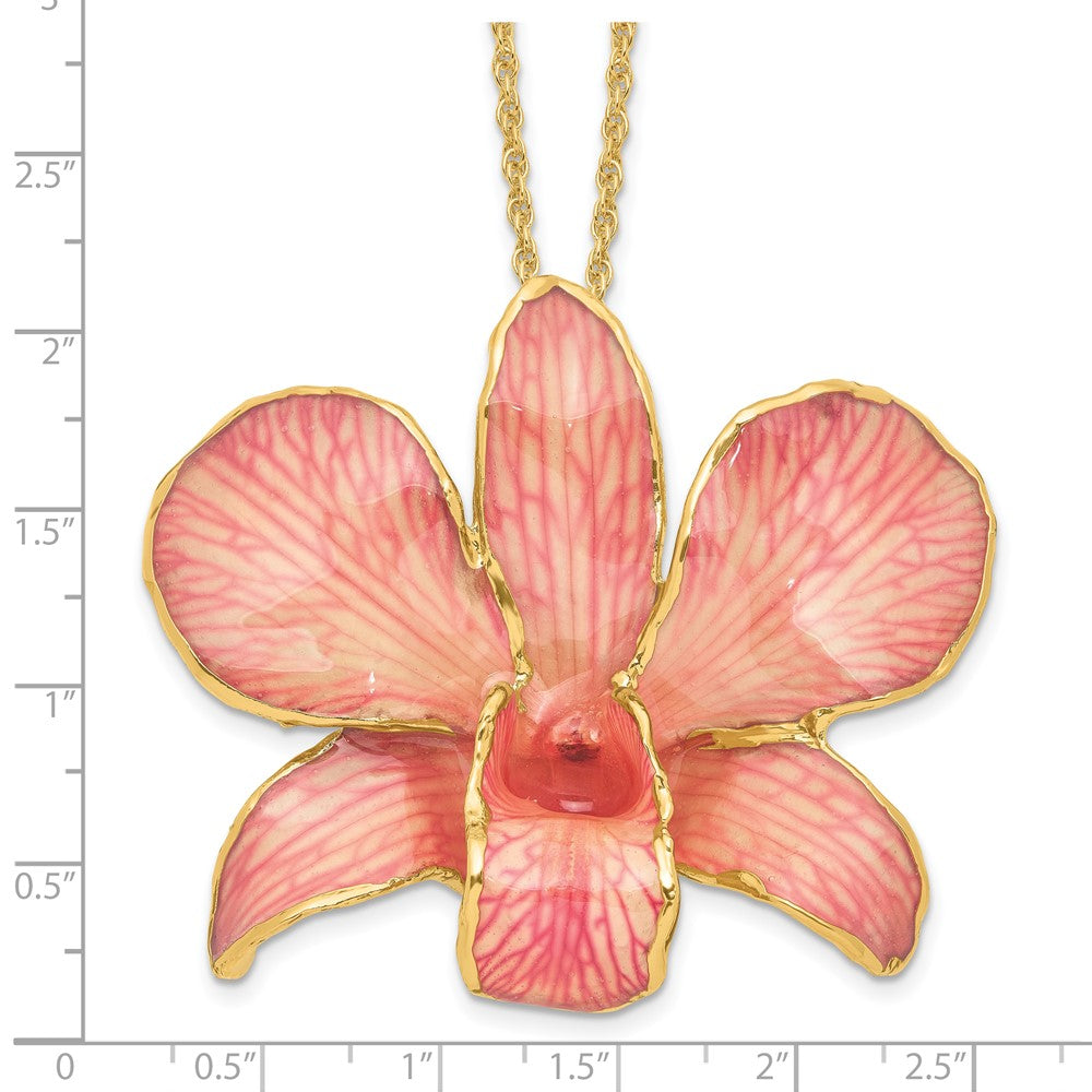 Fashion 24K Gold-Trim Lacquer Dipped Pink Real Dendrobium Orchid 20 Inch Gold-Tone Necklace