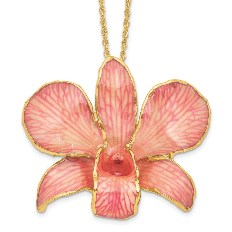Fashion 24K Gold-Trim Lacquer Dipped Pink Real Dendrobium Orchid 20 Inch Gold-Tone Necklace