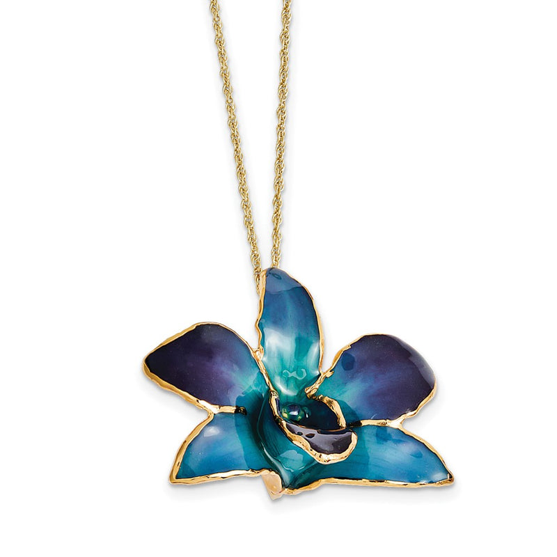 Fashion 24K Gold-Trim Lacquer Dipped Purple And Blue Real Dendrobium Orchid 20 Inch Gold-Tone Necklace