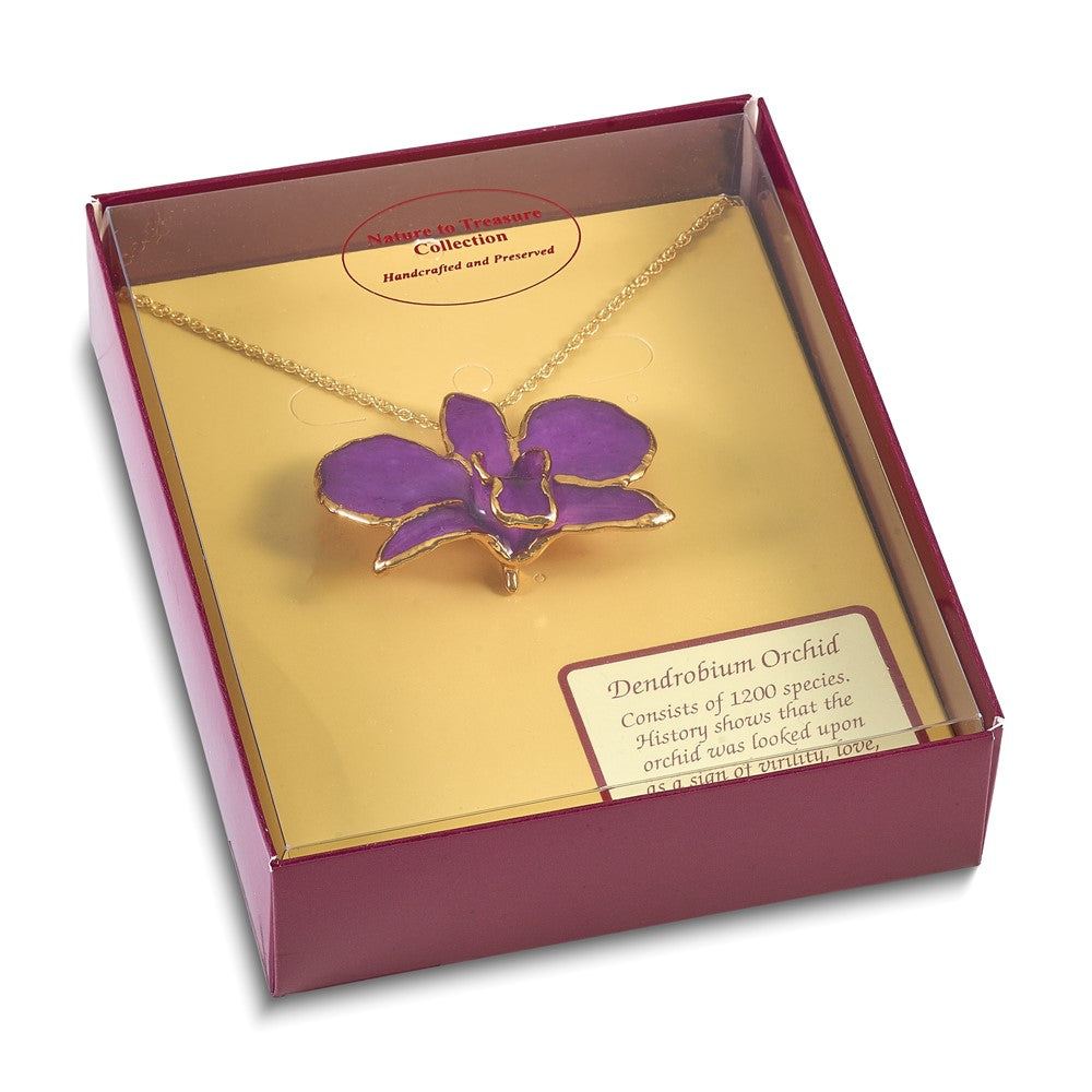 Fashion 24K Gold-Trim Lacquer Dipped Purple Real Dendrobium Orchid 20 Inch Gold-Tone Necklace