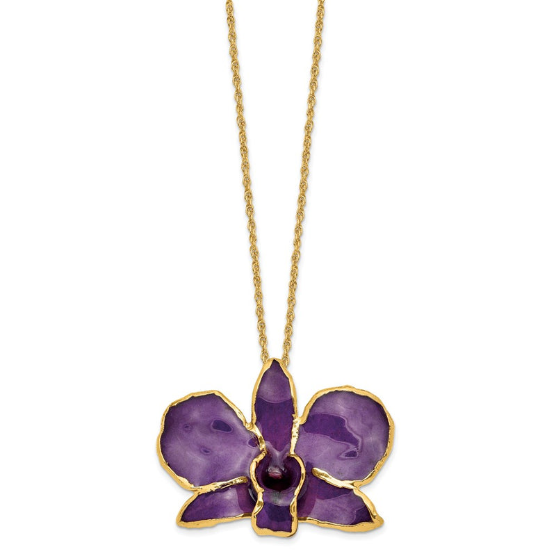 Fashion 24K Gold-Trim Lacquer Dipped Purple Real Dendrobium Orchid 20 Inch Gold-Tone Necklace