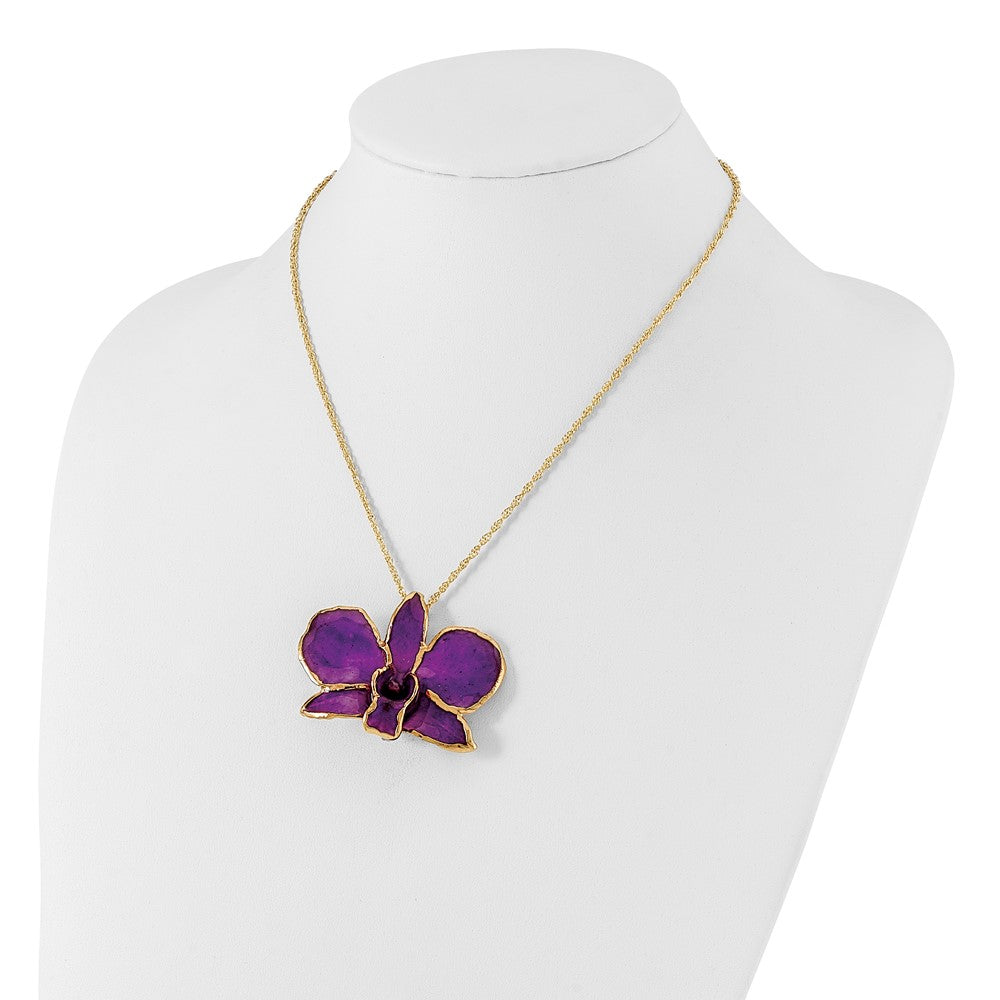 Fashion 24K Gold-Trim Lacquer Dipped Purple Real Dendrobium Orchid 20 Inch Gold-Tone Necklace