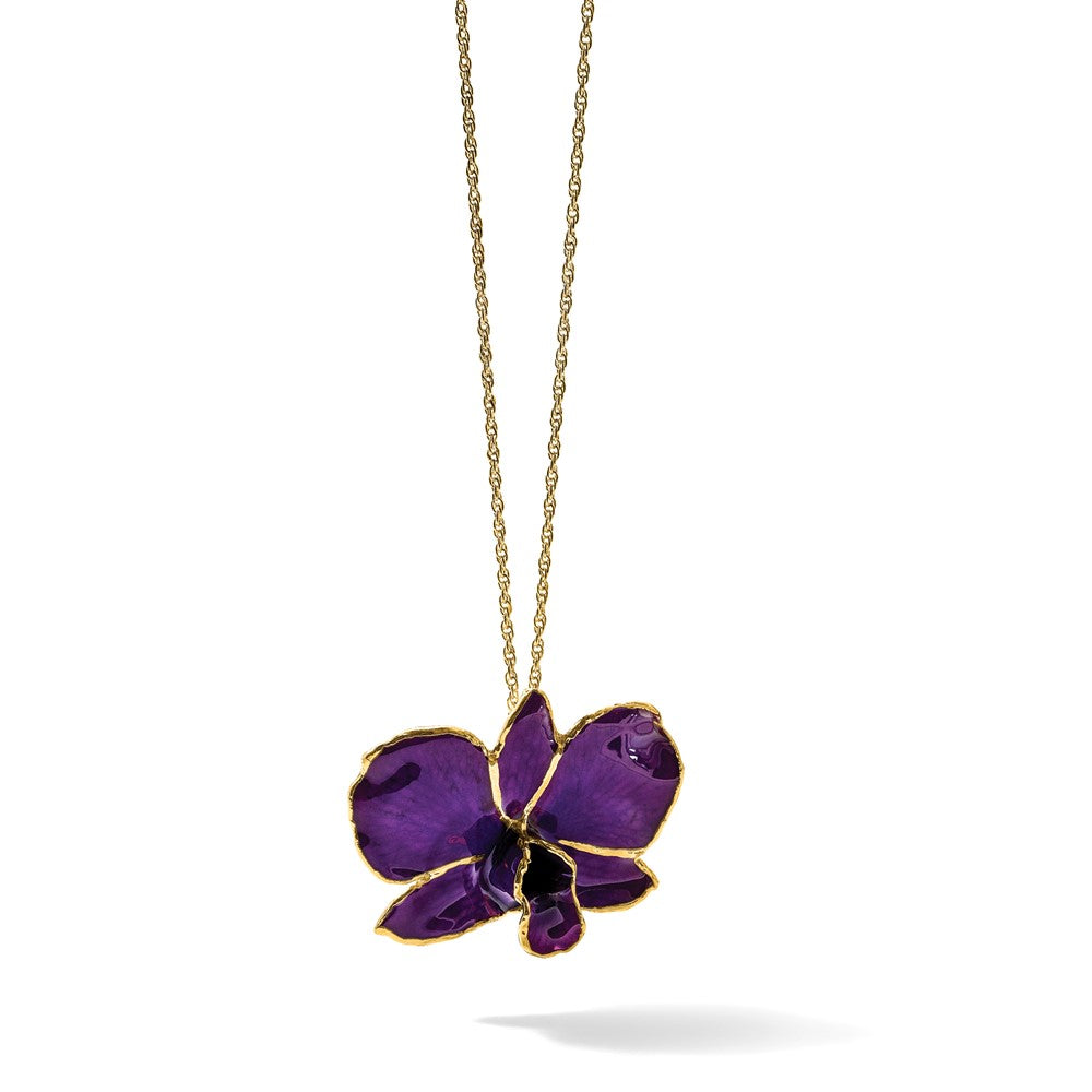 Fashion 24K Gold-Trim Lacquer Dipped Purple Real Dendrobium Orchid 20 Inch Gold-Tone Necklace