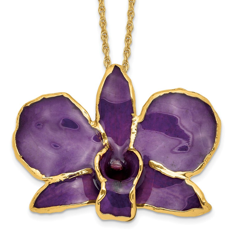 Fashion 24K Gold-Trim Lacquer Dipped Purple Real Dendrobium Orchid 20 Inch Gold-Tone Necklace
