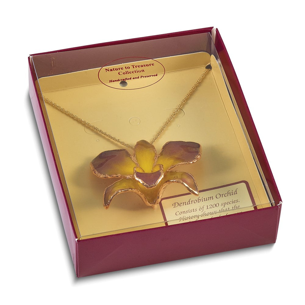 Fashion 24K Gold-Trim Lacquer Dipped Purple And Yellow Real Dendrobium Orchid 20 Inch Gold-Tone Necklace
