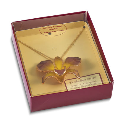 Fashion 24K Gold-Trim Lacquer Dipped Purple And Yellow Real Dendrobium Orchid 20 Inch Gold-Tone Necklace