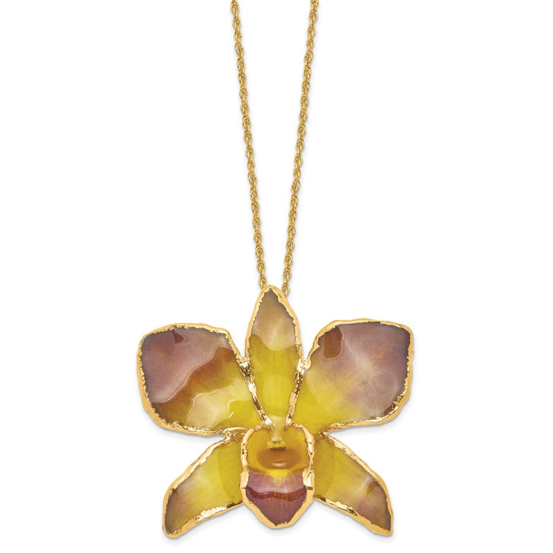 Fashion 24K Gold-Trim Lacquer Dipped Purple And Yellow Real Dendrobium Orchid 20 Inch Gold-Tone Necklace