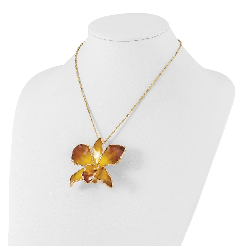 Fashion 24K Gold-Trim Lacquer Dipped Purple And Yellow Real Dendrobium Orchid 20 Inch Gold-Tone Necklace
