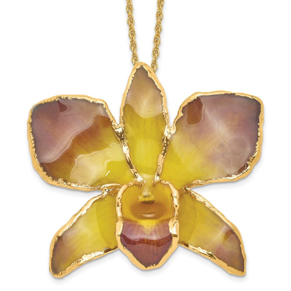 Fashion 24K Gold-Trim Lacquer Dipped Purple And Yellow Real Dendrobium Orchid 20 Inch Gold-Tone Necklace