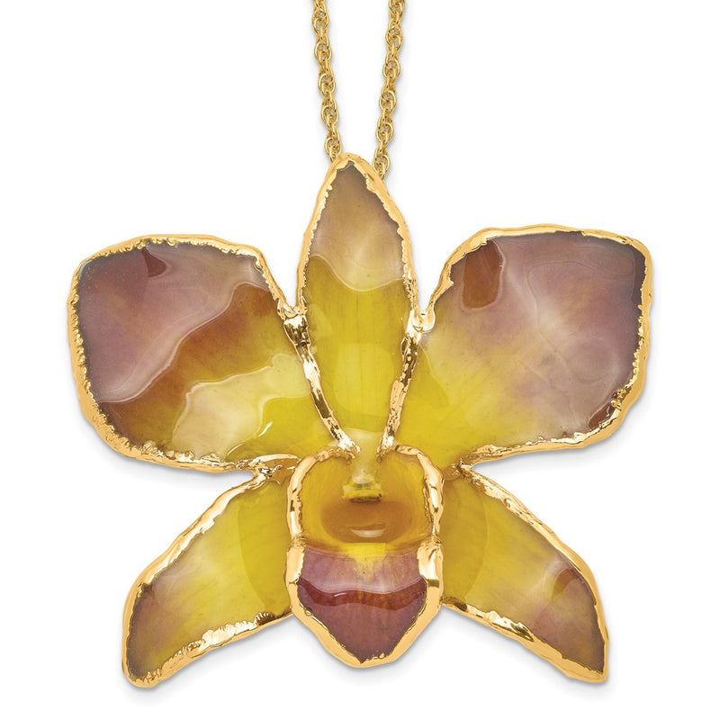 Fashion 24K Gold-Trim Lacquer Dipped Purple And Yellow Real Dendrobium Orchid 20 Inch Gold-Tone Necklace