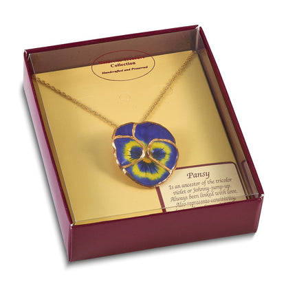 Fashion 24K Gold-Trim Lacquer Dipped Blue Real Pansy With 20 Inch Gold-Tone Necklace