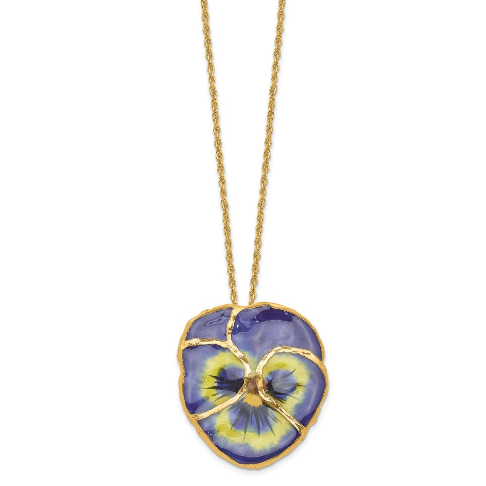 Fashion 24K Gold-Trim Lacquer Dipped Blue Real Pansy With 20 Inch Gold-Tone Necklace