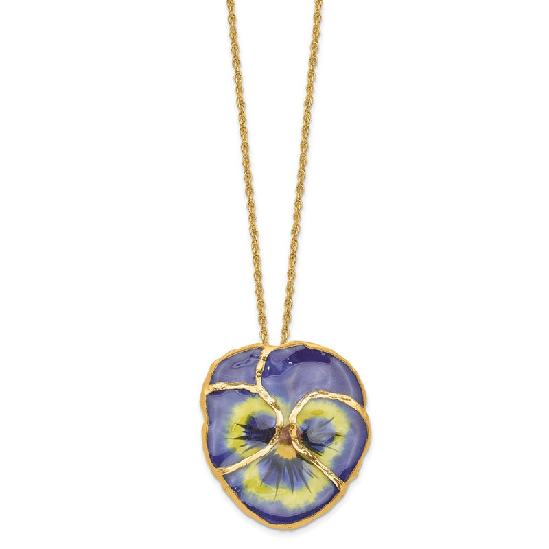 Fashion 24K Gold-Trim Lacquer Dipped Blue Real Pansy With 20 Inch Gold-Tone Necklace