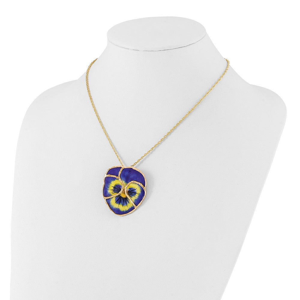 Fashion 24K Gold-Trim Lacquer Dipped Blue Real Pansy With 20 Inch Gold-Tone Necklace