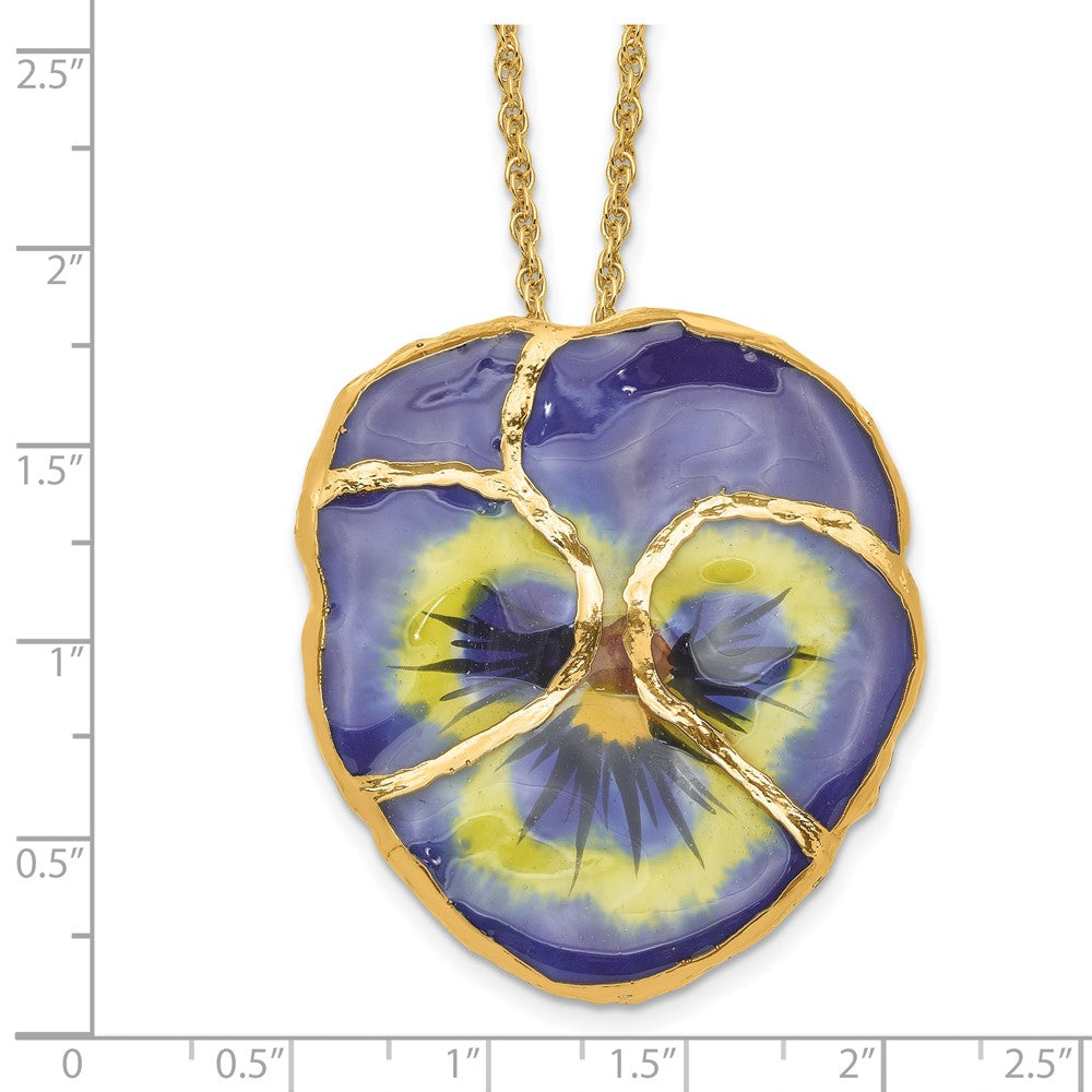 Fashion 24K Gold-Trim Lacquer Dipped Blue Real Pansy With 20 Inch Gold-Tone Necklace