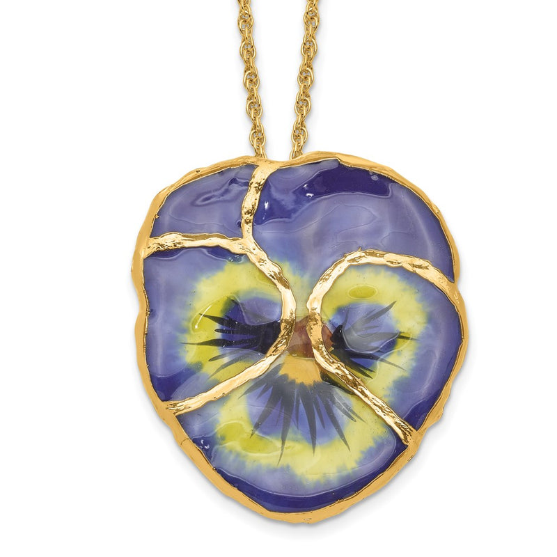 Fashion 24K Gold-Trim Lacquer Dipped Blue Real Pansy With 20 Inch Gold-Tone Necklace