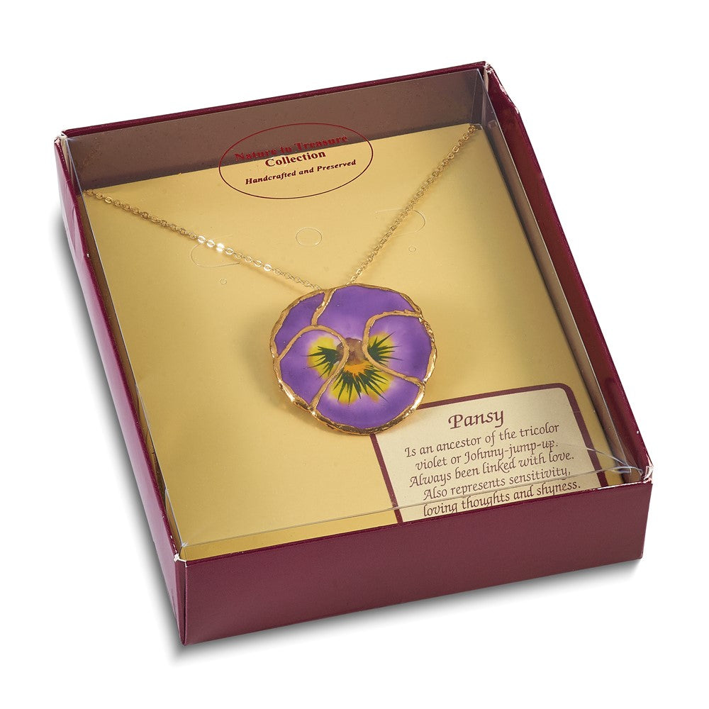 Fashion 24K Gold-Trim Lacquer Dipped Lilac Real Pansy 20 Inch Gold-Tone Necklace