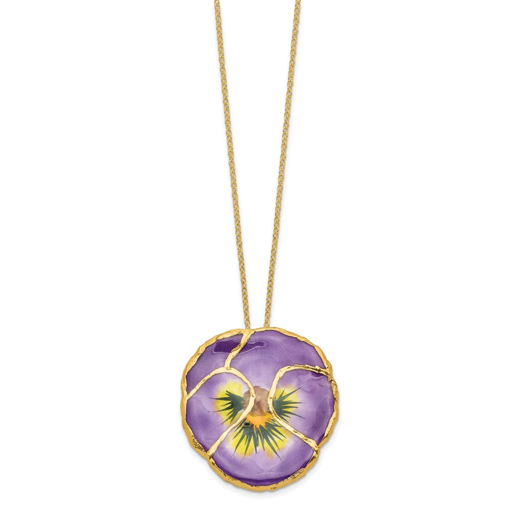 Fashion 24K Gold-Trim Lacquer Dipped Lilac Real Pansy 20 Inch Gold-Tone Necklace