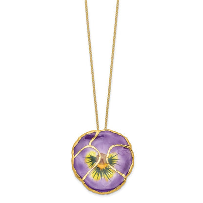Fashion 24K Gold-Trim Lacquer Dipped Lilac Real Pansy 20 Inch Gold-Tone Necklace