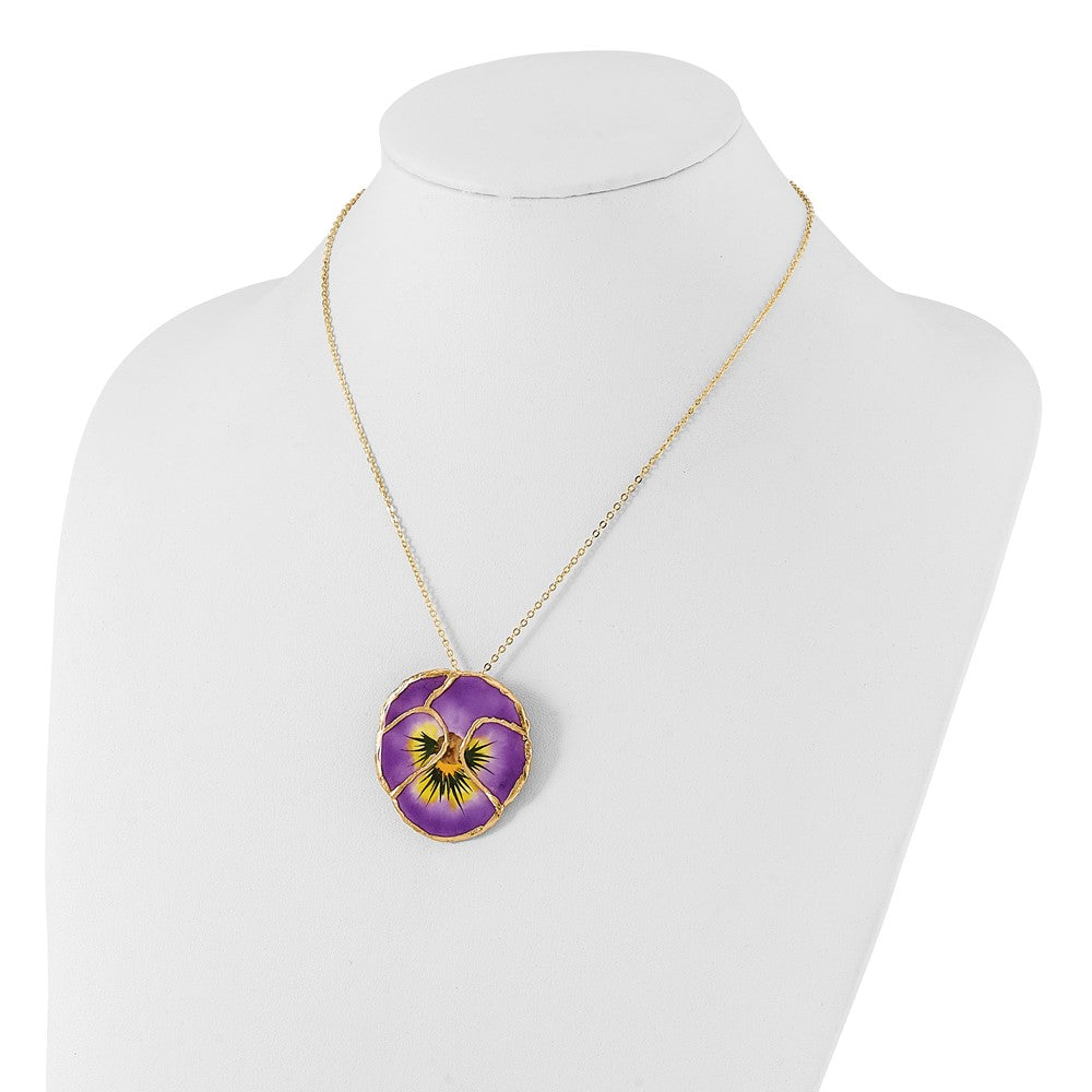 Fashion 24K Gold-Trim Lacquer Dipped Lilac Real Pansy 20 Inch Gold-Tone Necklace