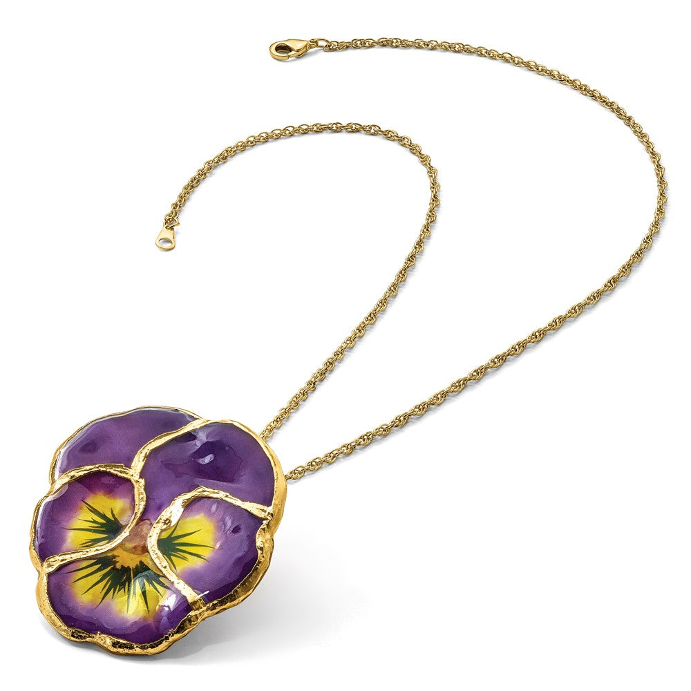 Fashion 24K Gold-Trim Lacquer Dipped Lilac Real Pansy 20 Inch Gold-Tone Necklace
